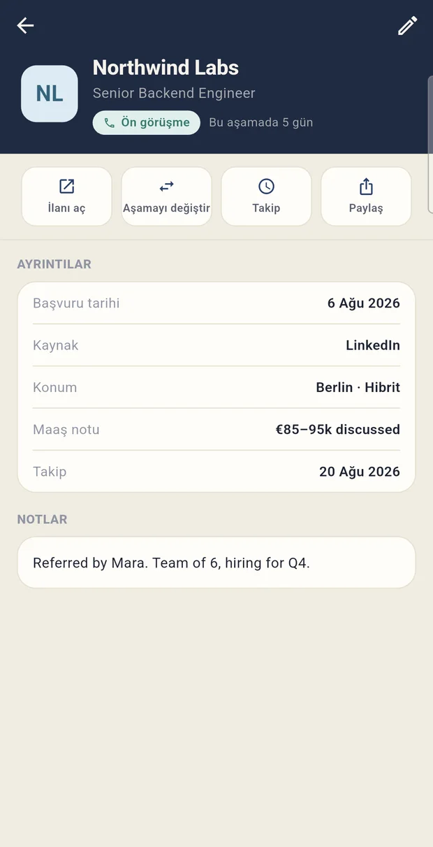 Applied — başvuru detay ekranı