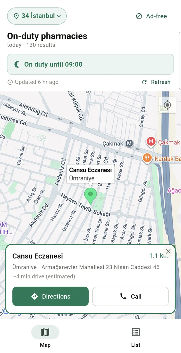Eczanow — selected pharmacy card with directions and call