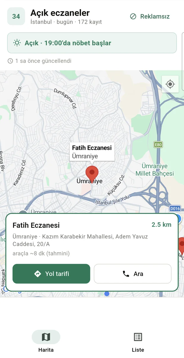 Eczanow — seçili eczane kartı, yol tarifi ve arama