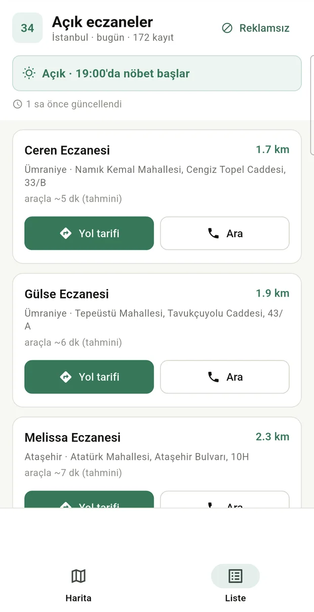 Eczanow — mesafeye göre sıralı liste