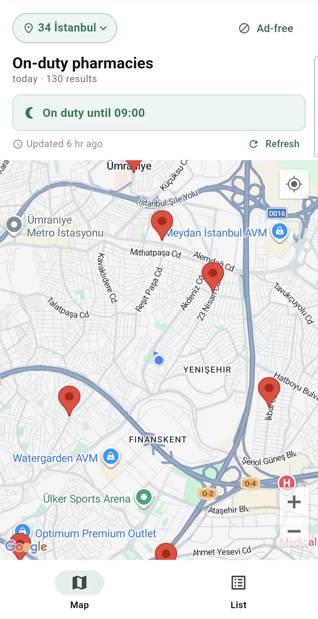Eczanow — on-duty pharmacy map
